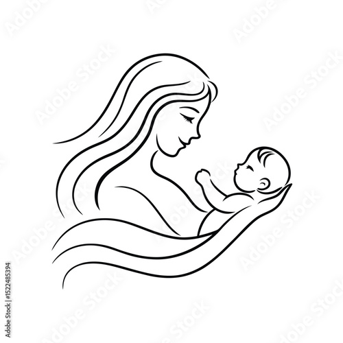 Delicate line art illustration of a mother holding her baby with love and care