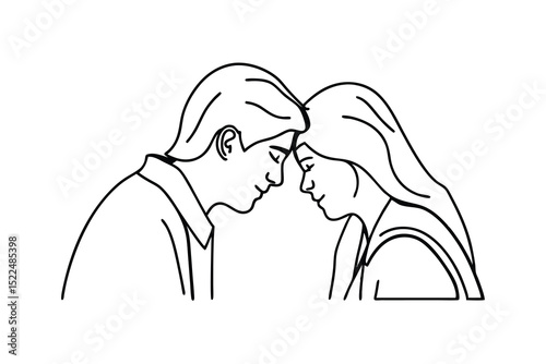 Simple black and white illustration depicting a loving couple touching foreheads together