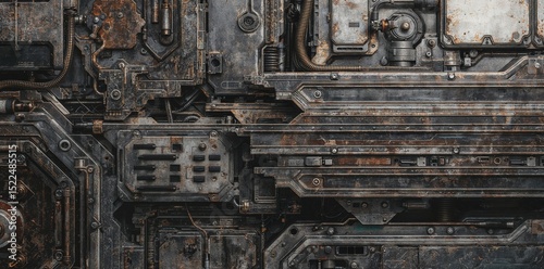 Textured Background of Dark, Heavily Rusted and Weathered Industrial Machine Components with Complex Metalwork and Controls