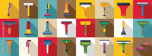 Scraper cleaning car icons set. Colorful cleaning tools icons set featuring brushes, brooms, and scrapers for diverse household and professional cleaning tasks