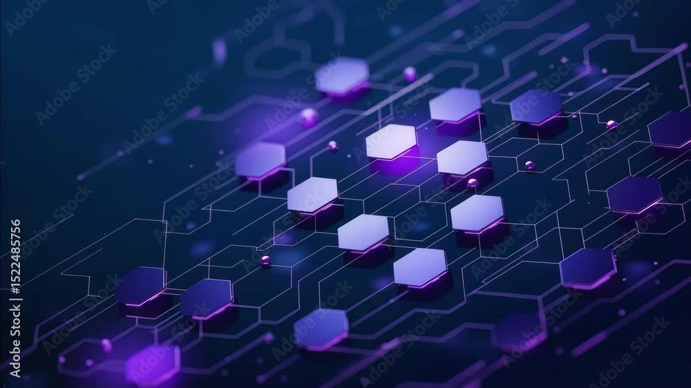 A hexagon shapes and glowing connections for data transfer or artificial intelligence concepts.