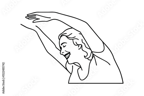 Simple line drawing of a smiling woman stretching with arms reached overhead