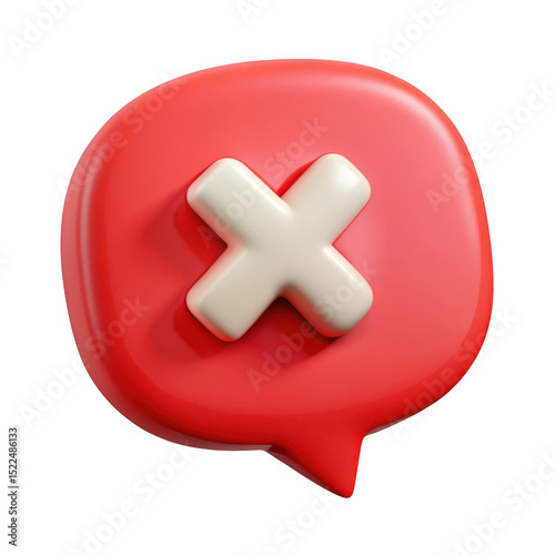3d red speech bubble with white cross icon realistic render