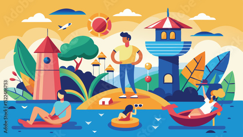 Colorful Illustration of People Enjoying Summer at a Beach Resort with Distinctive Architecture