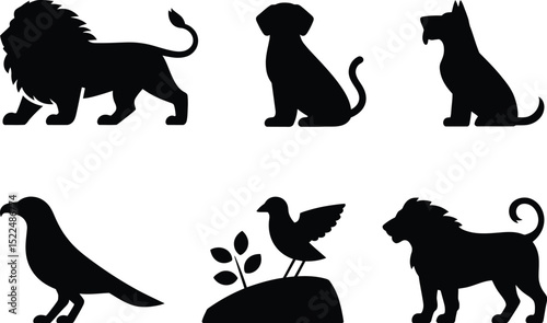 Vector animal silhouettes lion dog bird raven wildlife nature illustration graphic design elements editable stock vector illustration