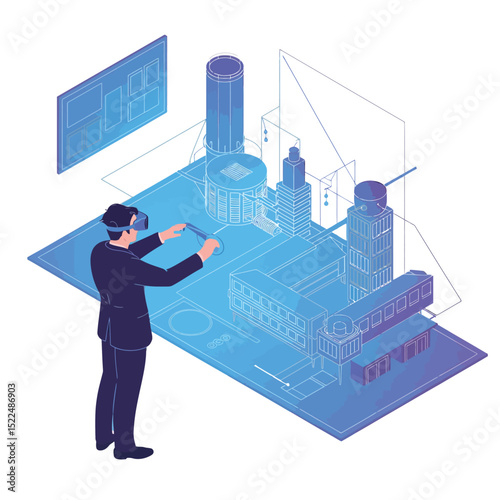 Businessman experiencing a virtual reality environment of a factory production facility with vr glasses and control devices in a futuristic scenario