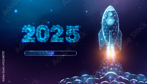 Rocket launch, wireframe polygonal style. Internet technology network, business startup concept with glowing low poly rocket. Futuristic modern abstract background. Vector illustration.