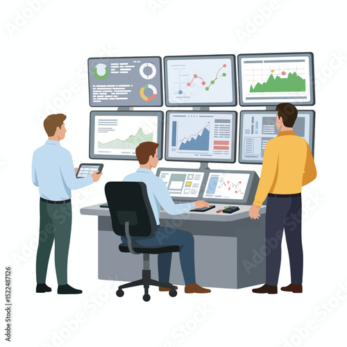 Business professionals analyzing financial data and market trends displayed on multiple computer screens within a modern office setting illustrated with vector style.