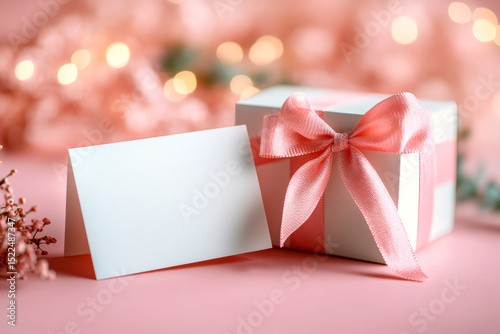 Gift box with pink ribbon and blank card on pastel background. Celebration or holiday concept, close-up.