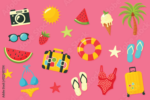 Summer clipart set with swimsuit palm watermelon vector illustration.