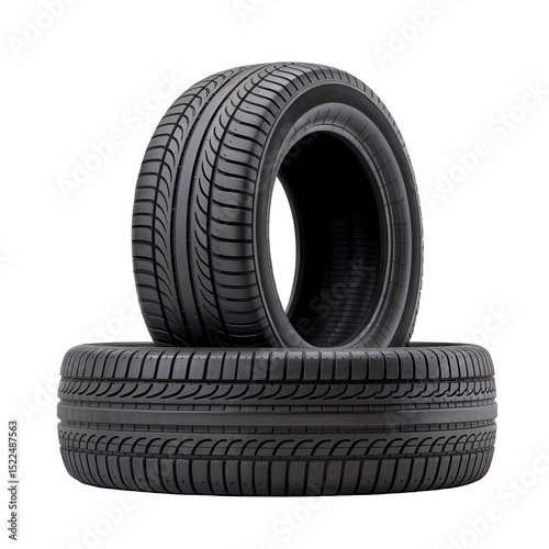 Black Rubber Vehicle Tires Stacked with Modern Tread Design on Isolated Background