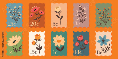 Set of postage stamps with retro flowers and various cent denominations flat vector illustration.