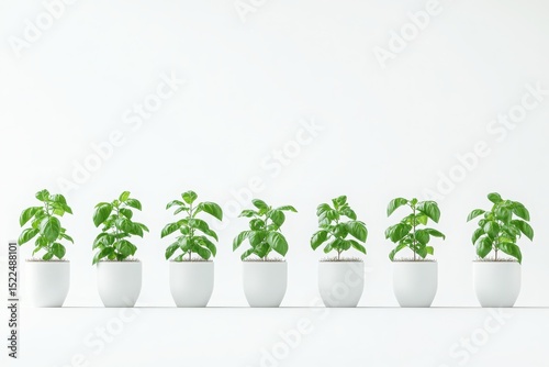 Seven green plants in white pots isolated on white background