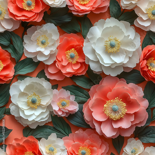 Vibrant pattern of peony flowers with green leaves on a rich red background, seamless pattern
