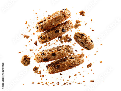 Flying pile cake crumbs chocolate chip cookies on clipping path transprent
