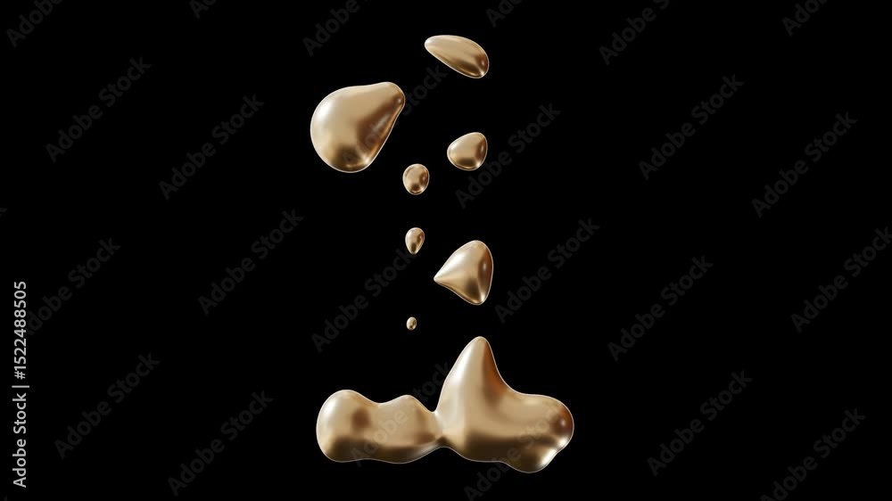 Motion graphic with golden liquid number 1 on transparent background, with alpha channel. Isolated 3D animation with numeral one. First Birthday or anniversary. Fluid, molten gold effect.