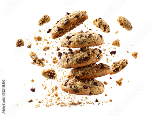 Flying pile cake crumbs chocolate chip cookies on clipping path transprent
