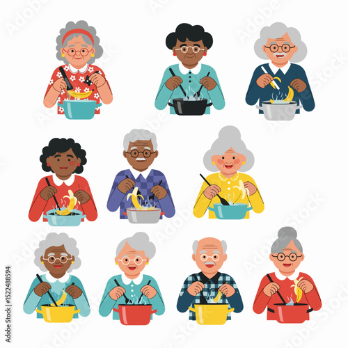 Seniors cooking bananas in pots together