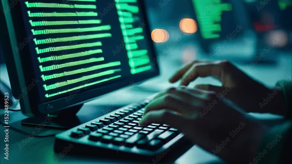 A person types code on a computer in a dark room, with green text displayed on the screen, suggesting cybersecurity or programming activity.