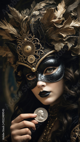 Masked Venetian courtesan, a mysterious sorceress, a quarter or dime  silver coin, dark colours, feather, front view close-up, good bad business decisions, financial hard time, secure assets, fraud 