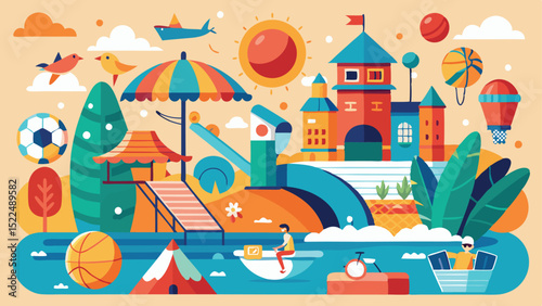 Vibrant Illustration of a Beach Resort with Sun, Castle, People and Sport Balls