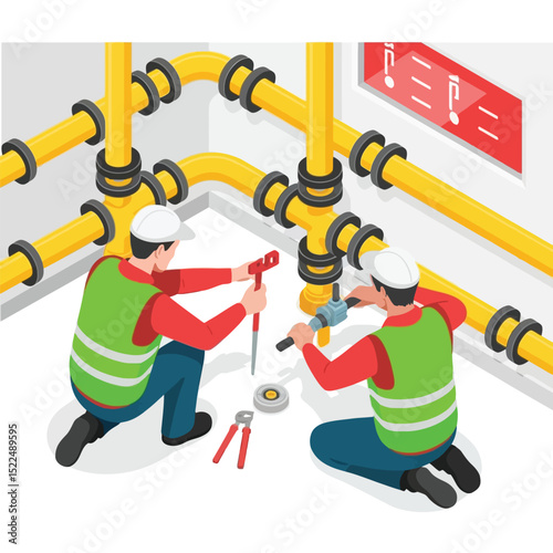 Isometric illustration of plumbers working on yellow gas pipes repairing and installing equipment in a modern building infrastructure