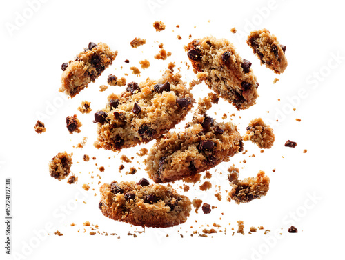 Flying pile cake crumbs chocolate chip cookies on clipping path transprent