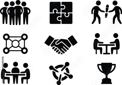 Business team collaboration partnership success icons vector illustration and graphic design set pack of nine editable stock vector illustration