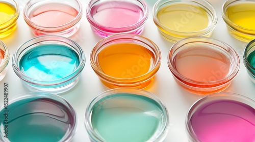 Colorful Liquid in Glass Bowls: Vibrant Collection of Scientific Samples for Experimentation and Artistic Designs.