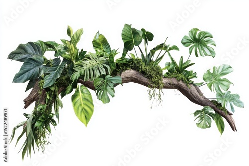 Tropical plants on wooden branch isolated on white background