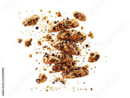 Flying pile cake crumbs chocolate chip cookies on clipping path transprent