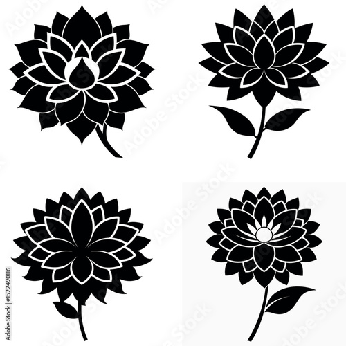 Four Black and White Floral Designs Featuring Lotus and Dahlia Flowers on White Background