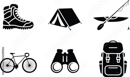 Outdoor adventure gear and equipment icons for camping hiking fishing biking and exploration vector set editable stock vector illustration