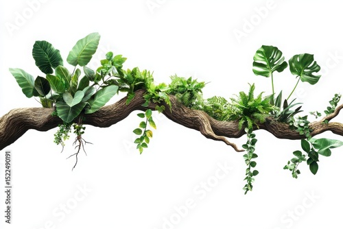 Lush tropical plants on tree branch isolated on white background