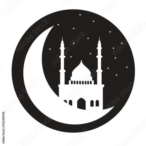 Vector of Islamic mosque with moon and stars. The holiday of Ramadan, construction in Islam. Black and white mosque icon. Vector illustration isolated on white background.