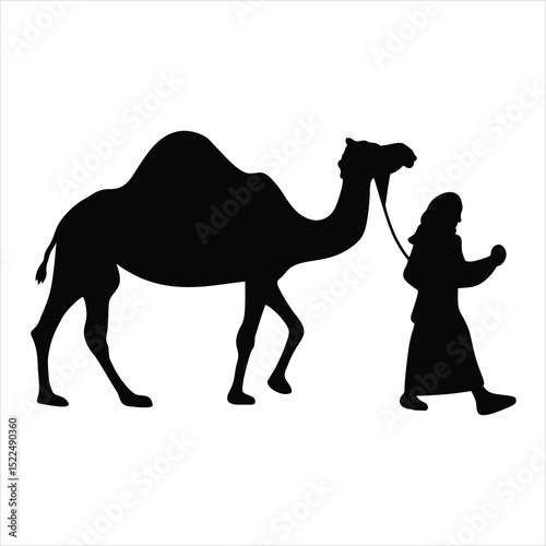 Vector design of a camel being carried by people, animal design of a camel being carried by people, black color and white background