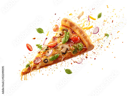 Flying pizza slice with ingredients on clipping path transprent