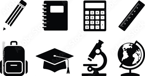 School supplies icons vector illustration education tools pencil notebook calculator and more icon set design editable stock vector illustration