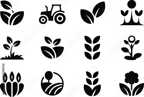 Agriculture farming icons vector set farming equipment and plants leaves tractor harvest field organic 100 editable stock vector illustration