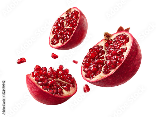 flying pomegranate and half slices on clipping path transprent