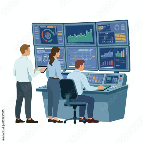 Team analyzing complex data in a control center viewing charts and graphs on multiple computer screens using modern technology for monitoring and analysis.