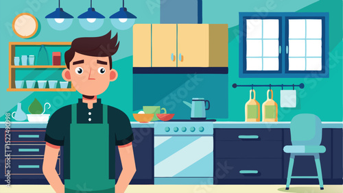 Cartoon Man Wearing Apron in Kitchen with Oven and Cupboard Illustration