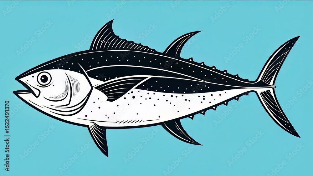 Fototapeta premium Stylized tuna fish in black over bright cyan background, with bold line art and minimalist detailing.