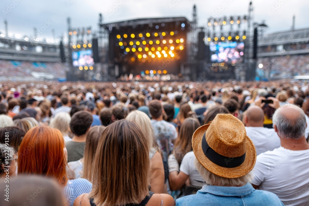 Obraz premium Crowd enjoying a music concert at the stadium with stage lights illuminating the scene