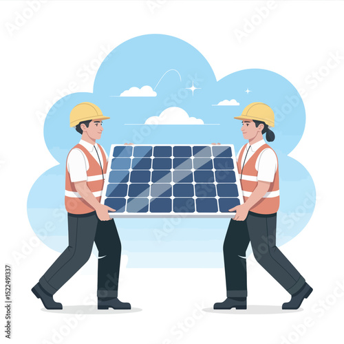 Two construction workers carry solar panel across sky representing renewable energy and sustainability concepts with illustrative design