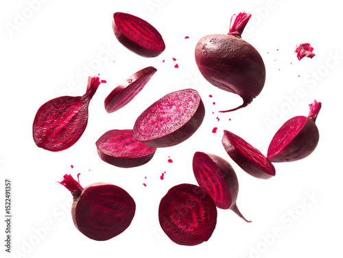 flying red beetroot and half slices on clipping path transprent