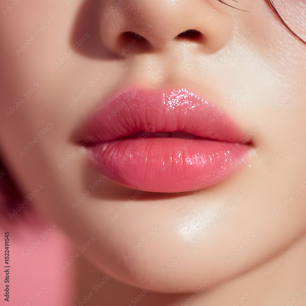 Fototapeta premium Close-up view of beautiful lips with glossy pink lipstick, emphasizing a fresh and vibrant makeup style.