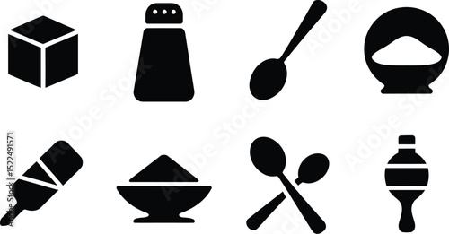 Vector icons of sugar salt pepper spice spoons and bottle kitchen condiments seasonings and ingredients editable stock vector illustration