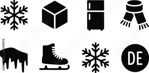 Winter themed vector icons set snowflake ice cube refrigerator scarf icicle skate de sign elements editable stock vector illustration