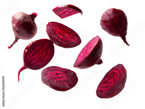 flying red beetroot and half slices on clipping path transprent